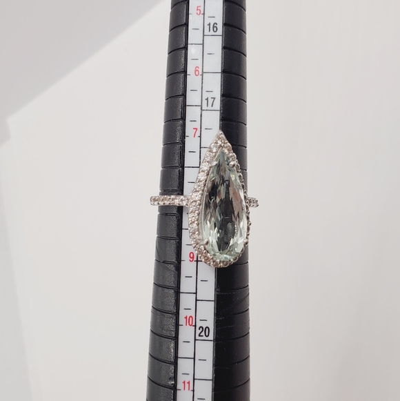 Montezuma Prasiolite & White Zircon Pear Shape Halo Ring in Platinum | Sterling